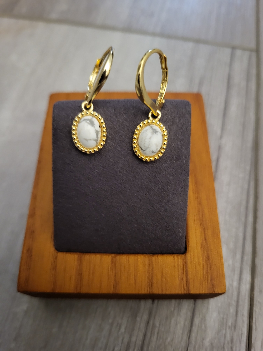 Gold Over 925 Sterling Silver White Howlite Oval Drop Earrings